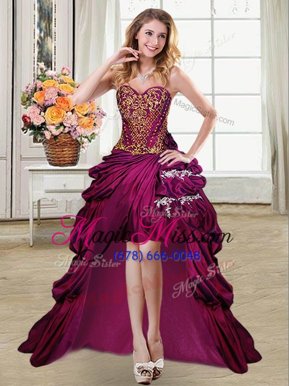 Beautiful High Low Lace Up Military Ball Dresses Burgundy and In for Prom and Party with Beading and Appliques and Pick Ups