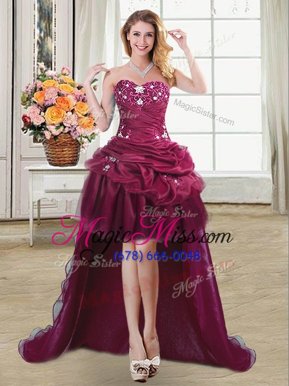Hot Sale Burgundy Sleeveless High Low Beading and Appliques and Pick Ups Lace Up Prom Gown