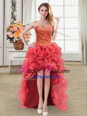 Wonderful Coral Red Glitz Pageant Dress Prom and Party and For with Beading and Ruffles Sweetheart Sleeveless Lace Up