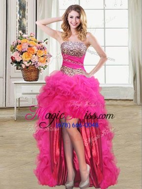 Pretty Hot Pink Ball Gowns Organza Strapless Sleeveless Beading and Ruffles and Ruffled Layers and Sequins High Low Lace Up Pageant Dress Womens