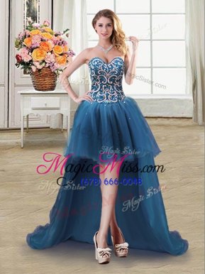Customized Sequins Teal Sleeveless Tulle Lace Up Dress for Prom for Prom and Party