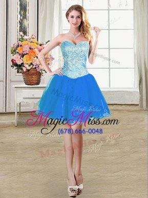 Popular Sweetheart Sleeveless Prom Dress Mini Length Beading Baby Blue Organza