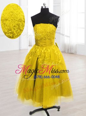 Sumptuous Gold Prom Dresses Prom and Party and For with Embroidery Strapless Sleeveless Lace Up