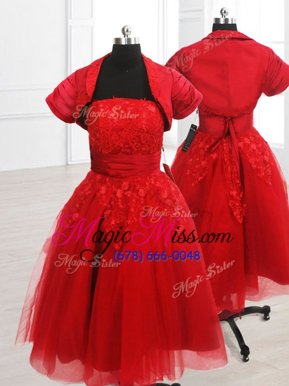 Custom Designed Organza Strapless Short Sleeves Lace Up Embroidery Ball Gown Prom Dress in Coral Red