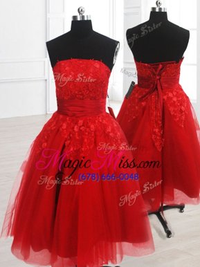 Excellent Coral Red A-line Embroidery Formal Dresses Lace Up Organza Sleeveless Knee Length