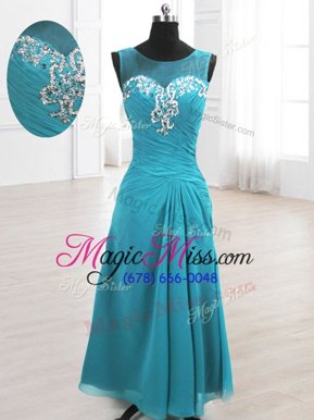 Best A-line Womens Evening Dresses Baby Blue Scoop Chiffon Sleeveless Floor Length Lace Up