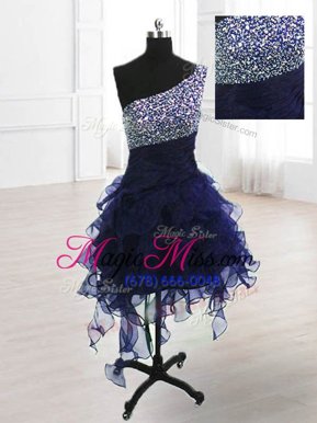 Affordable One Shoulder Navy Blue A-line Beading Cocktail Dresses Lace Up Organza Sleeveless Knee Length