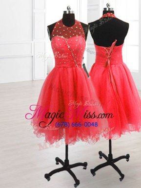 Fantastic Knee Length Watermelon Red Hoco Dress Organza Sleeveless Sequins