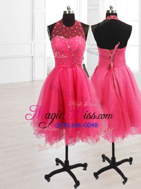 Artistic Knee Length Lace Up Prom Evening Gown Coral Red and In for Prom and Party with Sequins