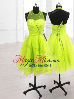 Smart High-neck Sleeveless Homecoming Dress Online Knee Length Sequins Yellow Green Organza