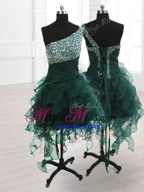 Glamorous One Shoulder Peacock Green Organza Lace Up Military Ball Gown Sleeveless Knee Length Beading and Ruffles