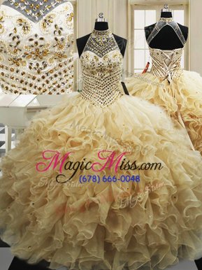 Super Sweep Train Ball Gowns Quinceanera Dresses Champagne High-neck Tulle Sleeveless With Train Lace Up