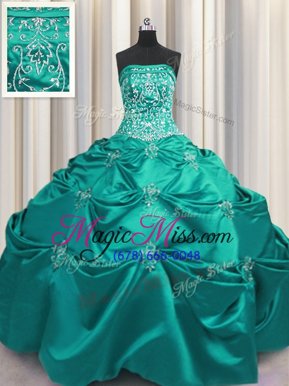 Cheap Aqua Blue Taffeta Lace Up Strapless Sleeveless Floor Length Sweet 16 Dress Beading and Appliques and Embroidery