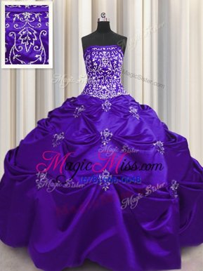 Comfortable Purple Ball Gowns Beading and Appliques and Embroidery Ball Gown Prom Dress Lace Up Taffeta Sleeveless Floor Length