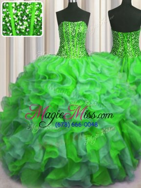 Visible Boning Bling-bling Multi-color Ball Gowns Organza Strapless Sleeveless Beading and Ruffles Floor Length Lace Up 15th Birthday Dress
