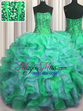High End Visible Boning Beaded Bodice Beading and Ruffles Quinceanera Dress Multi-color Lace Up Sleeveless Floor Length
