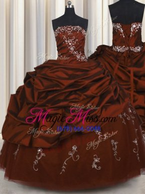 Dramatic Embroidery Floor Length Rust Red Quinceanera Gown Taffeta Sleeveless Beading and Appliques and Pick Ups