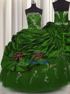 Amazing Embroidery Strapless Sleeveless Quinceanera Gowns Floor Length Beading and Appliques and Pick Ups Green Taffeta