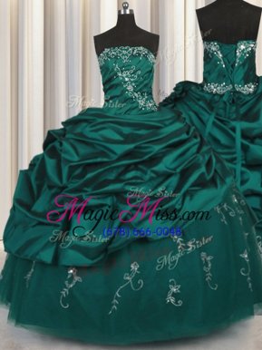 Best Selling Peacock Green Taffeta Lace Up Strapless Sleeveless Floor Length Ball Gown Prom Dress Beading and Appliques and Embroidery and Pick Ups