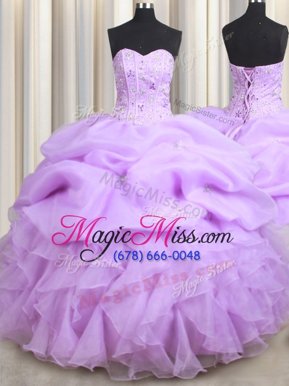 Lovely Visible Boning Lavender Sweetheart Neckline Beading and Ruffles and Pick Ups 15 Quinceanera Dress Sleeveless Lace Up