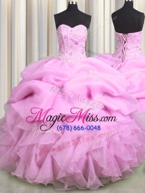 Exceptional Visible Boning Lilac Sleeveless Floor Length Beading and Ruffles and Pick Ups Lace Up Vestidos de Quinceanera