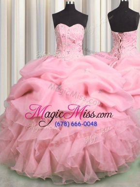 Exquisite Visible Boning Rose Pink Ball Gowns Organza Sweetheart Sleeveless Beading and Ruffles and Pick Ups Floor Length Lace Up Quince Ball Gowns