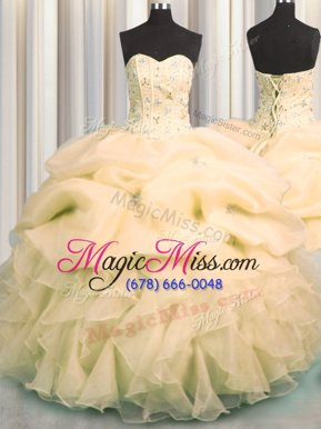 Best Visible Boning Yellow Organza Lace Up 15 Quinceanera Dress Sleeveless Floor Length Beading and Ruffles and Pick Ups