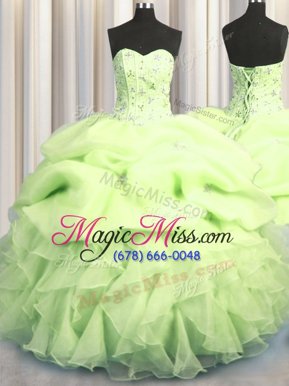 Suitable Visible Boning Yellow Green Ball Gowns Organza Sweetheart Sleeveless Beading and Ruffles and Pick Ups Floor Length Lace Up Sweet 16 Dress