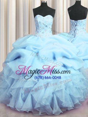 Modern Visible Boning Sweetheart Sleeveless Quinceanera Gown Floor Length Beading and Ruffles and Pick Ups Baby Blue Organza