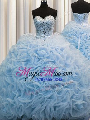 Sumptuous Sweetheart Sleeveless Quinceanera Dress Brush Train Beading and Pick Ups Baby Blue Fabric With Rolling Flowers