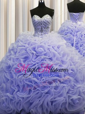 Amazing Rolling Flowers Lavender Quince Ball Gowns Military Ball and Sweet 16 and Quinceanera and For with Beading and Pick Ups Sweetheart Sleeveless Brush Train Lace Up