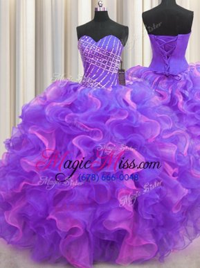 Fabulous Beading and Ruffles Sweet 16 Dresses Multi-color Lace Up Sleeveless High Low
