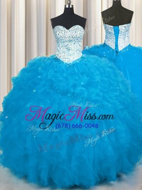 Superior Baby Blue Ball Gowns Tulle Sweetheart Sleeveless Beading and Ruffles Floor Length Lace Up Quince Ball Gowns