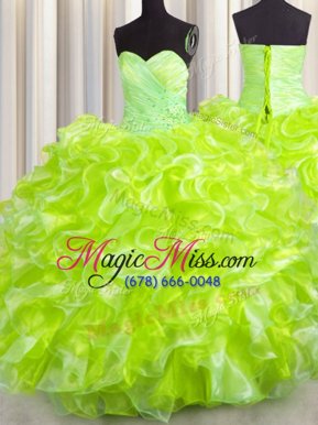 Suitable Floor Length Ball Gowns Sleeveless Yellow Green Quinceanera Gowns Lace Up