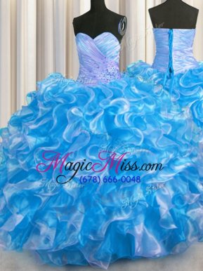 Flirting Aqua Blue Ball Gowns Organza Sweetheart Sleeveless Beading and Ruffles Floor Length Lace Up Quinceanera Dress