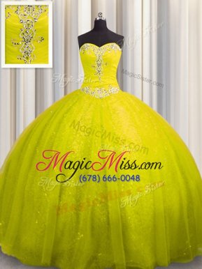 Free and Easy Sequined Beading and Appliques Sweet 16 Dress Yellow Green Lace Up Sleeveless Court Train