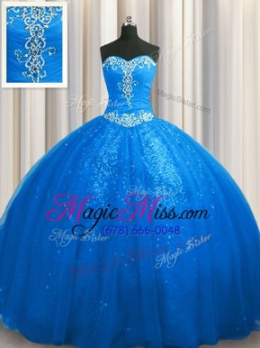 Beautiful Sequined With Train Lace Up Sweet 16 Dress Blue and In for Military Ball and Sweet 16 and Quinceanera with Beading and Appliques Court Train
