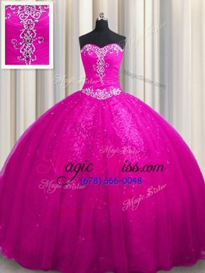 Romantic Fuchsia Lace Up Sweetheart Beading and Appliques Ball Gown Prom Dress Tulle and Sequined Sleeveless Court Train