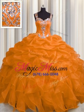Low Price See Through Zipper Up Straps Sleeveless Sweet 16 Dress Floor Length Appliques and Ruffles Orange Organza