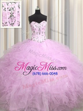 Edgy Visible Boning Lilac Ball Gowns Tulle Sweetheart Sleeveless Beading and Appliques and Ruffles Floor Length Lace Up 15th Birthday Dress