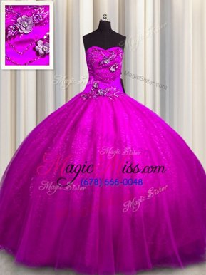 Sweetheart Sleeveless Lace Up Sweet 16 Dress Fuchsia Tulle and Sequined