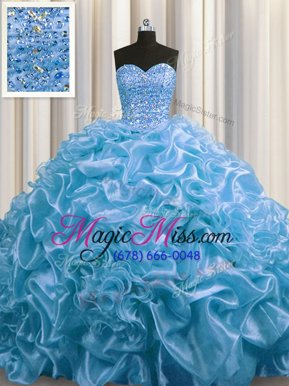 Excellent Baby Blue Sweet 16 Dresses Military Ball and Sweet 16 and Quinceanera and For with Beading and Pick Ups Sweetheart Sleeveless Court Train Lace Up