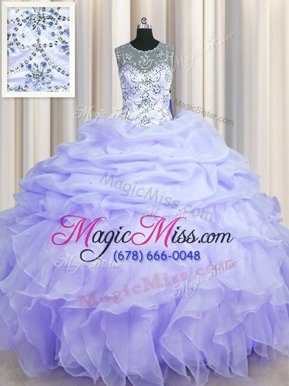 Shining See Through Scoop Floor Length Ball Gowns Sleeveless Lavender Sweet 16 Quinceanera Dress Lace Up