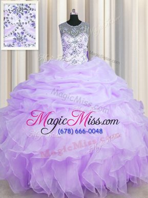 Colorful See Through Ball Gowns Quinceanera Dresses Lavender Scoop Organza Sleeveless Floor Length Lace Up