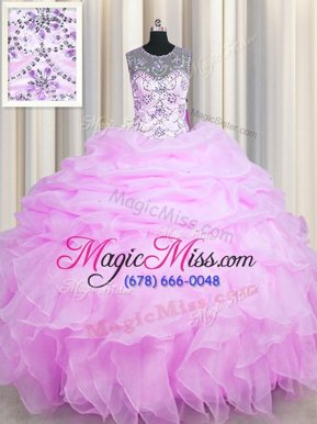 Hot Sale See Through Organza Sleeveless Floor Length Quinceanera Gown and Beading and Ruffles and Pick Ups