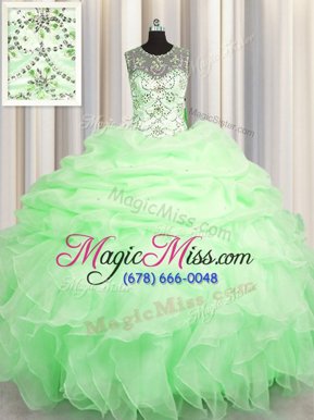 Scoop See Through Floor Length Quinceanera Dresses Organza Sleeveless Beading and Ruffles and Pick Ups