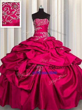Custom Fit Floor Length Lace Up Quinceanera Dresses Hot Pink and In for Military Ball and Sweet 16 and Quinceanera with Appliques and Pick Ups