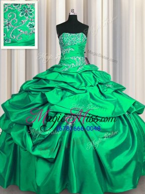 Modest Turquoise Lace Up Strapless Appliques and Pick Ups 15th Birthday Dress Taffeta Sleeveless