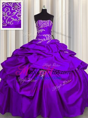 Dramatic Purple Taffeta Lace Up Strapless Sleeveless Floor Length Sweet 16 Dresses Appliques and Pick Ups