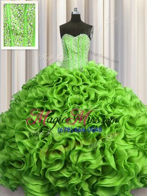 Lovely Visible Boning Organza Sweetheart Sleeveless Lace Up Beading and Ruffles Quinceanera Gown in